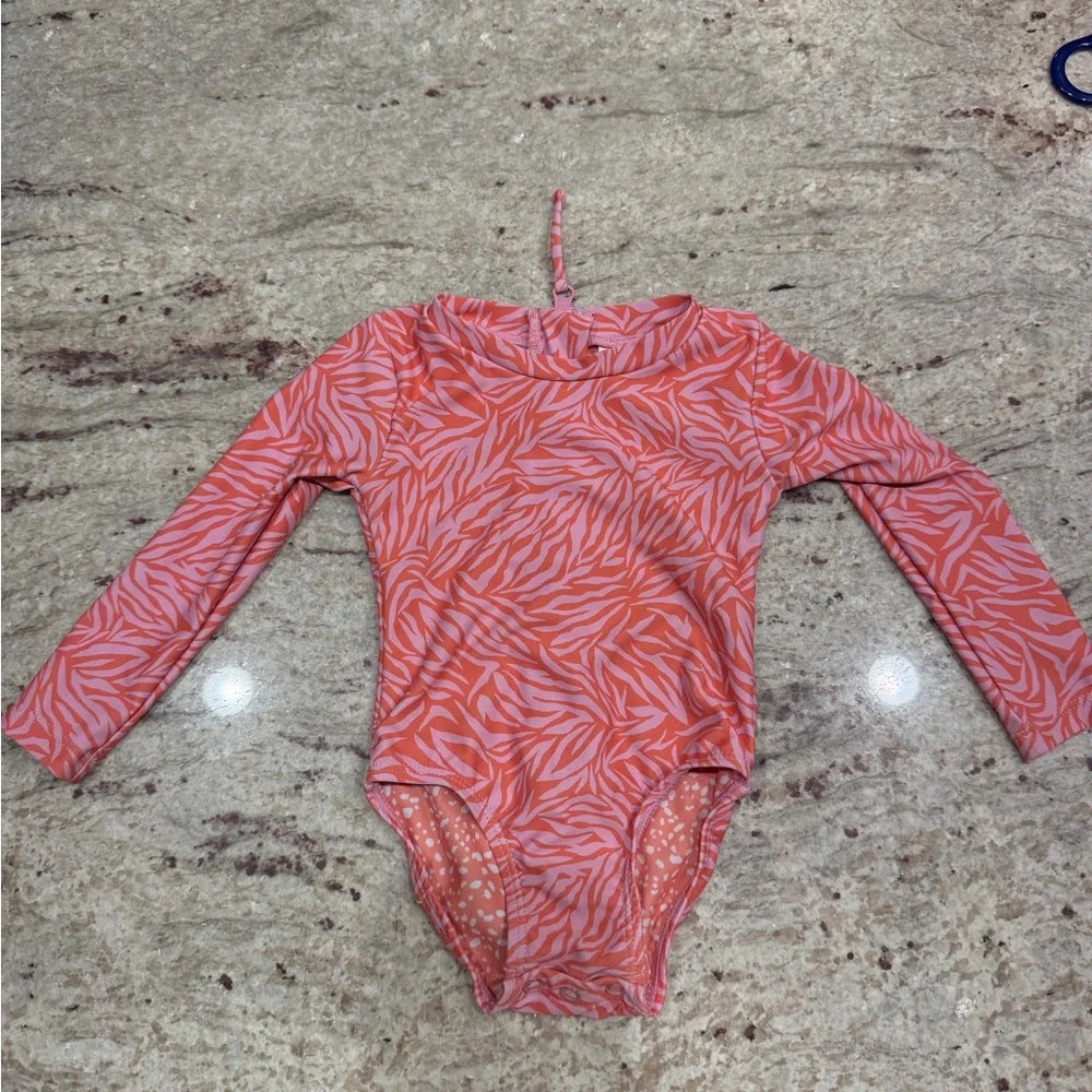 Girls' Coral Pink Long-Sleeve One-Piece Swimsuit